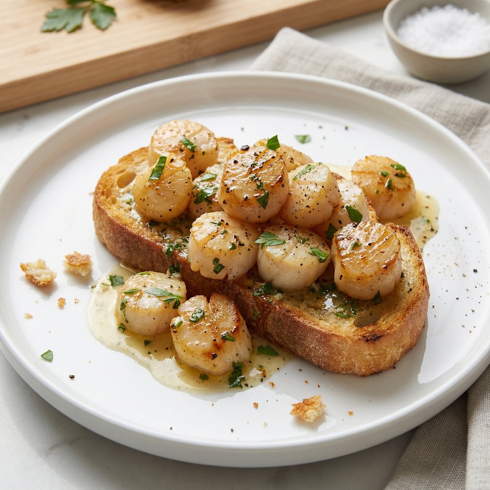 Garlic-Parsley Butter Bay Scallops on Toast