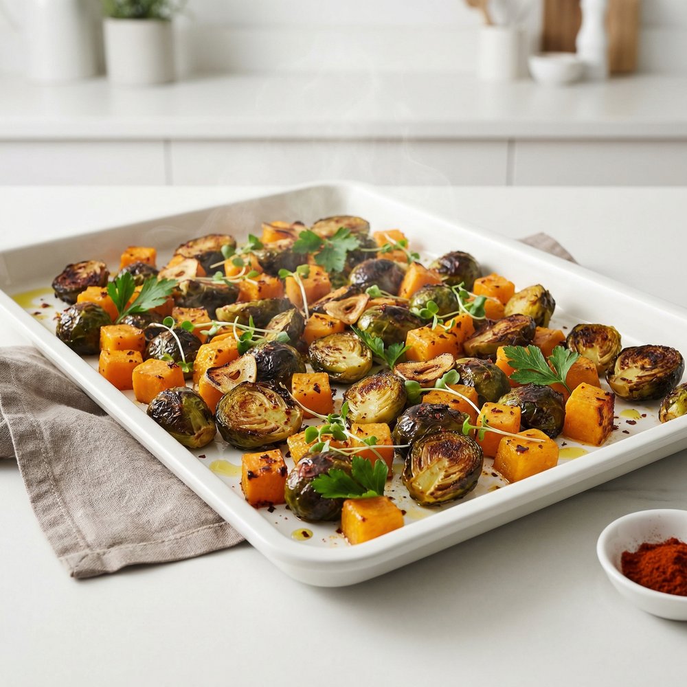 Sheet Pan Vegan Roasted Brussels Sprouts and Butternut Squash