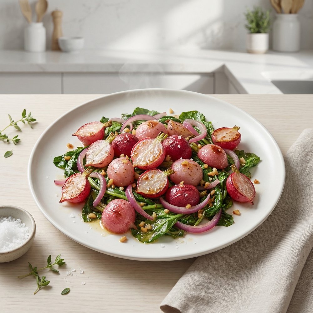 Oven-Roasted Radishes with Sautéed Radish Greens