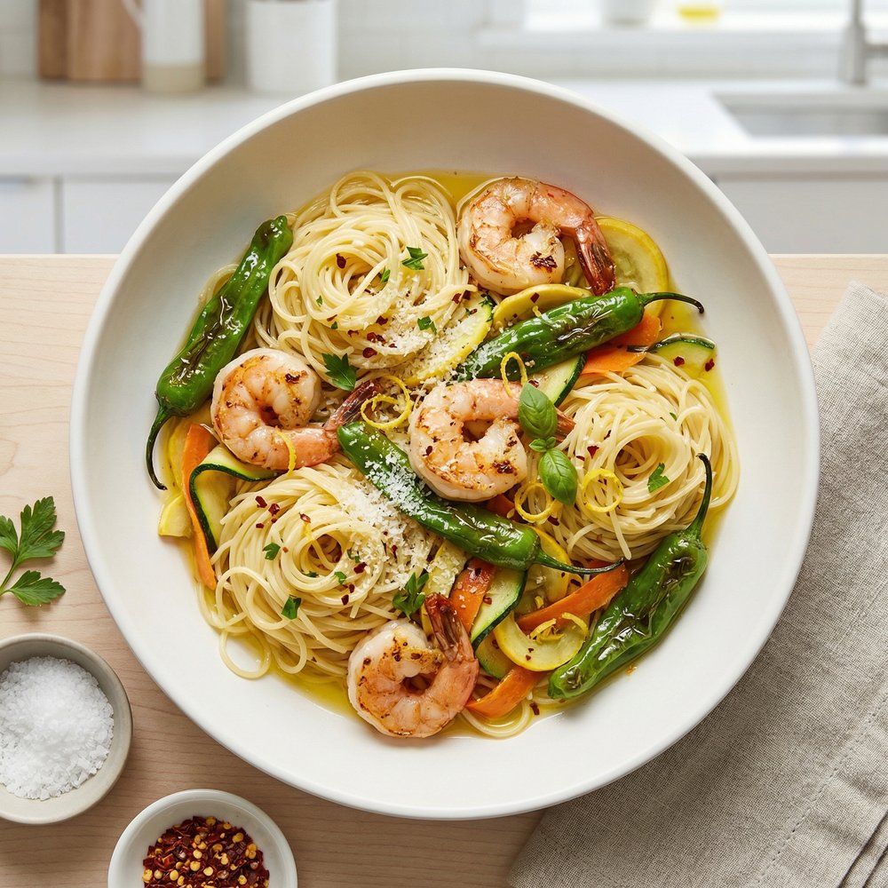 Garlicky Shrimp Primavera with Shishito Peppers