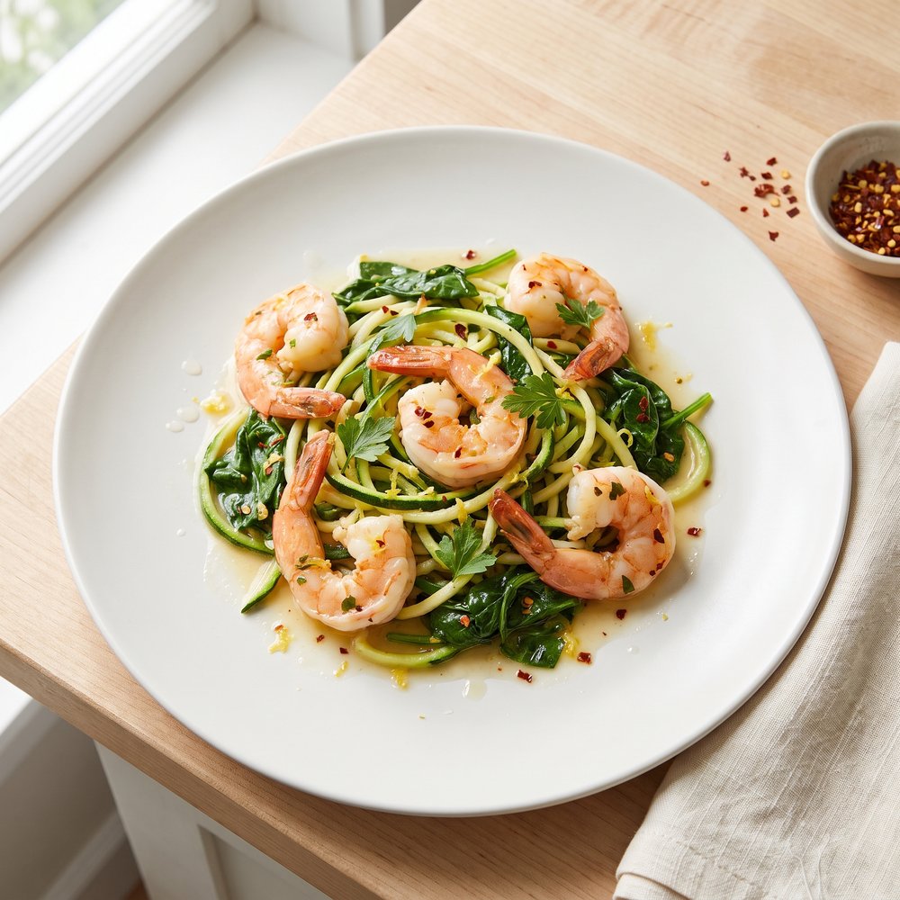 Garlicky Shrimp Florentine with Zucchini Noodles