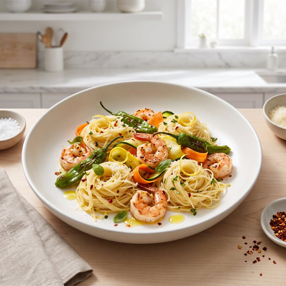 Garlicky Shrimp Primavera with Shishito Peppers
