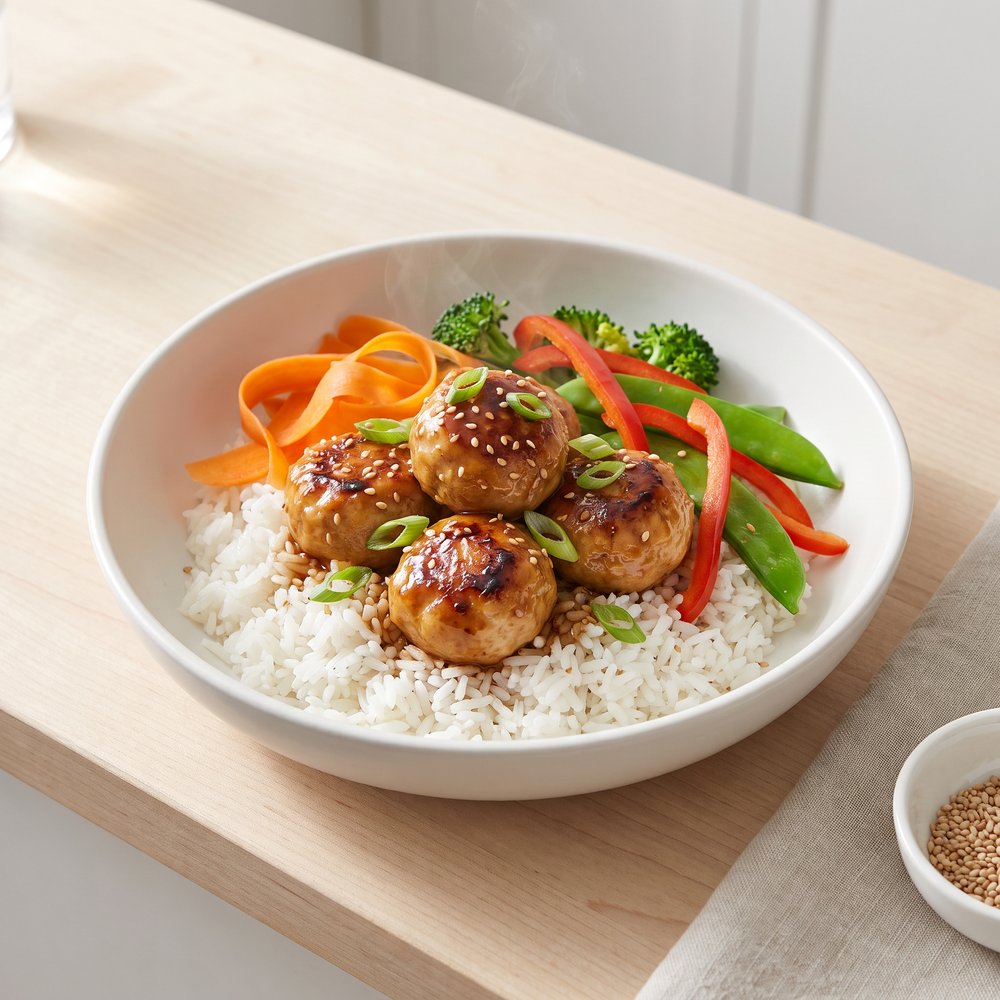 Ginger-Garlic Chicken Meatball Rice Bowls