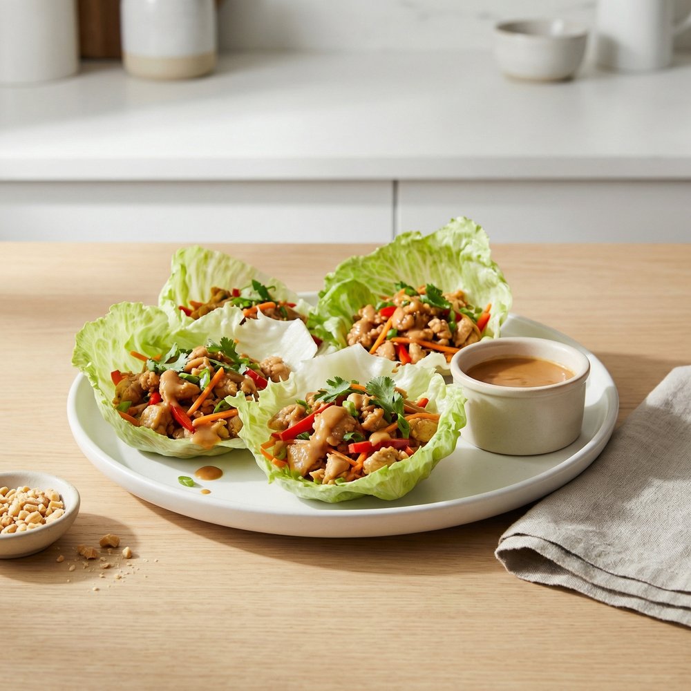 Ginger-Chicken Lettuce Cups with Peanut Sauce
