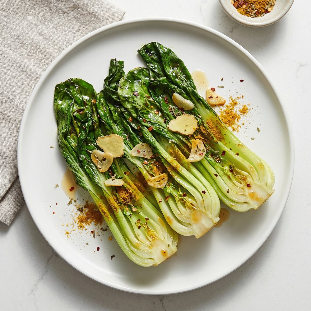 High-Heat Roasted Baby Bok Choy with Ginger and Curry