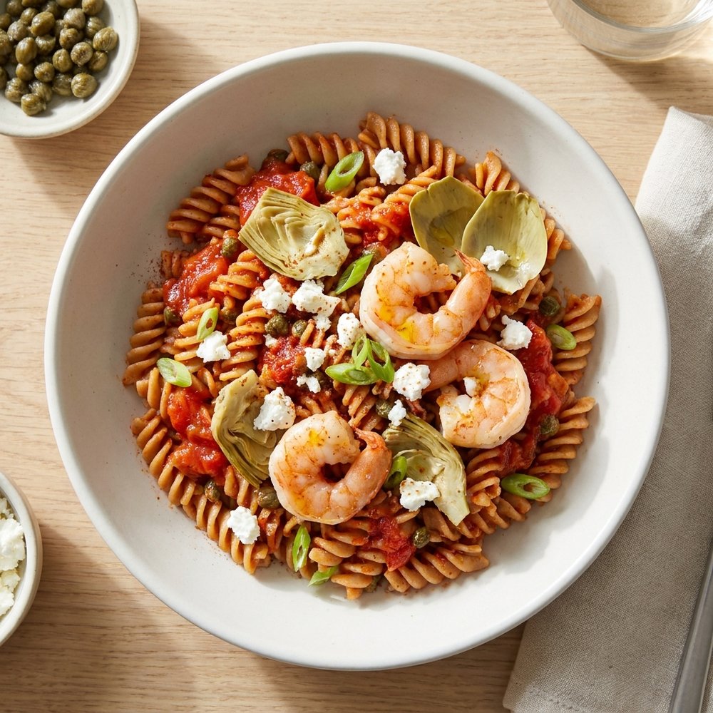 Goat Cheese Shrimp Primavera Pasta