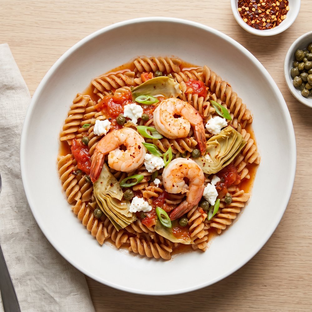 Goat Cheese Shrimp Primavera Pasta