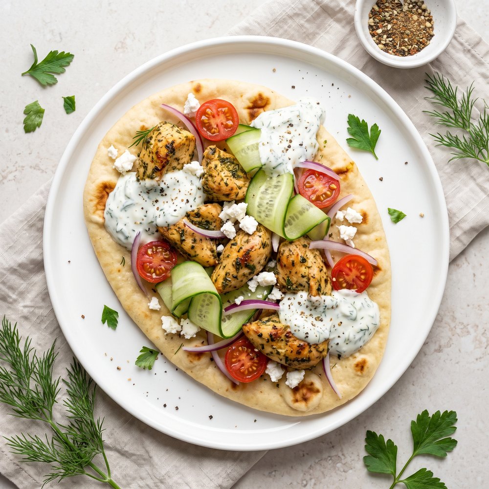 Greek-Style Chicken Naan Flatbread with Tzatziki