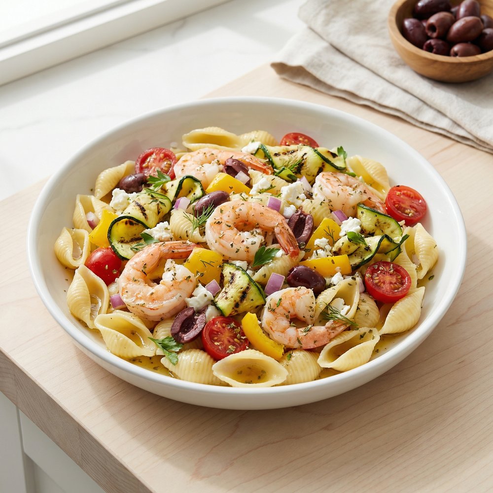 Shrimp and Feta Greek Pasta Shells with Tomatoes, Zucchini, and Peppers