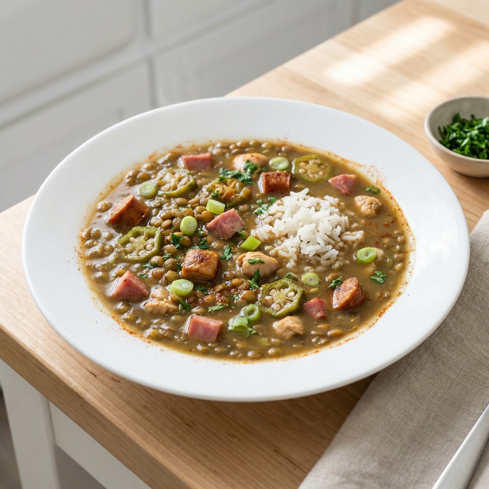 Green Lentil Gumbo-Style Soup