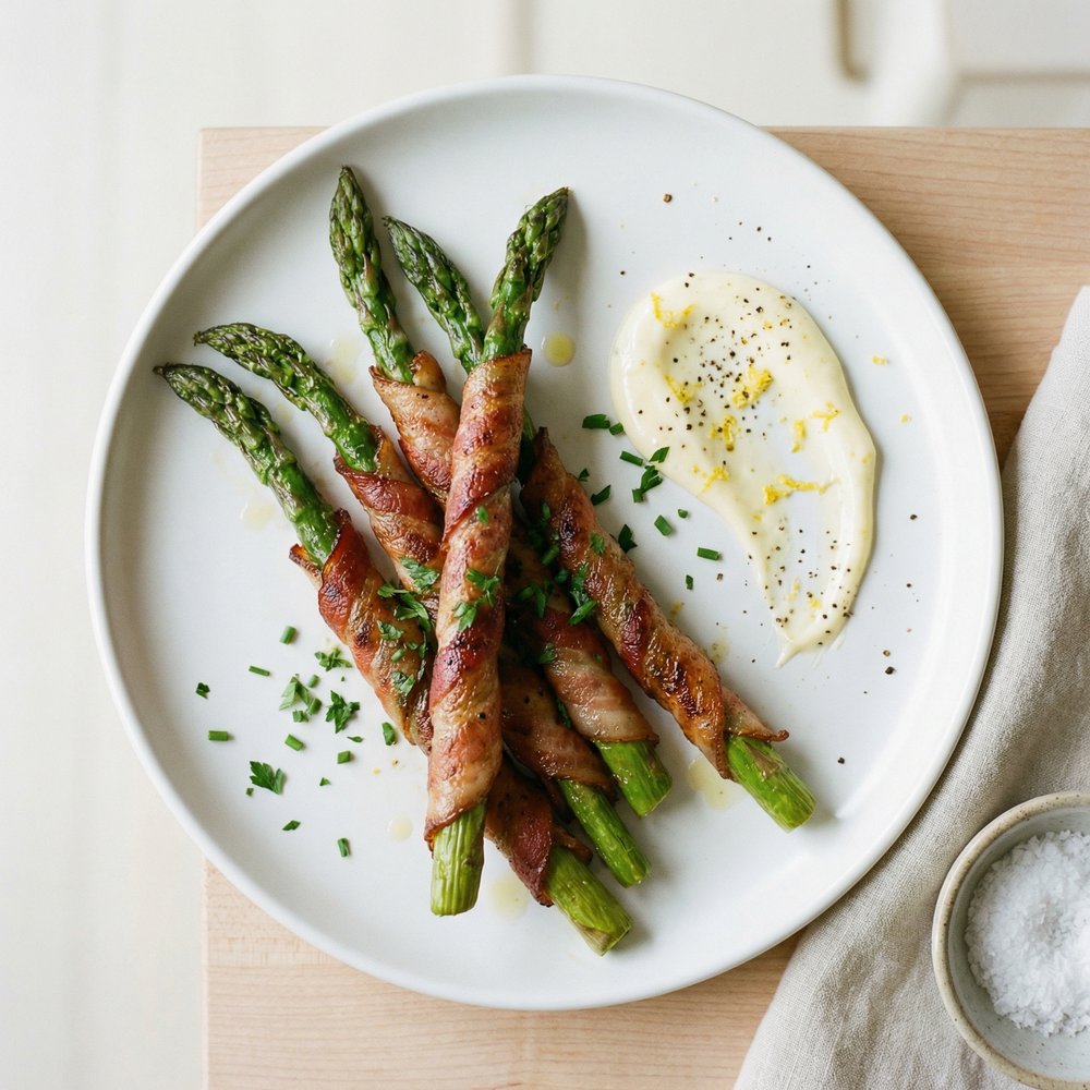 Bacon-Wrapped Asparagus with Bright Lemon Aioli (Keto)
