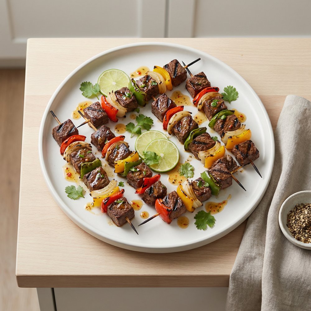 Grilled Beef Fajita Skewers with Peppers and Onions
