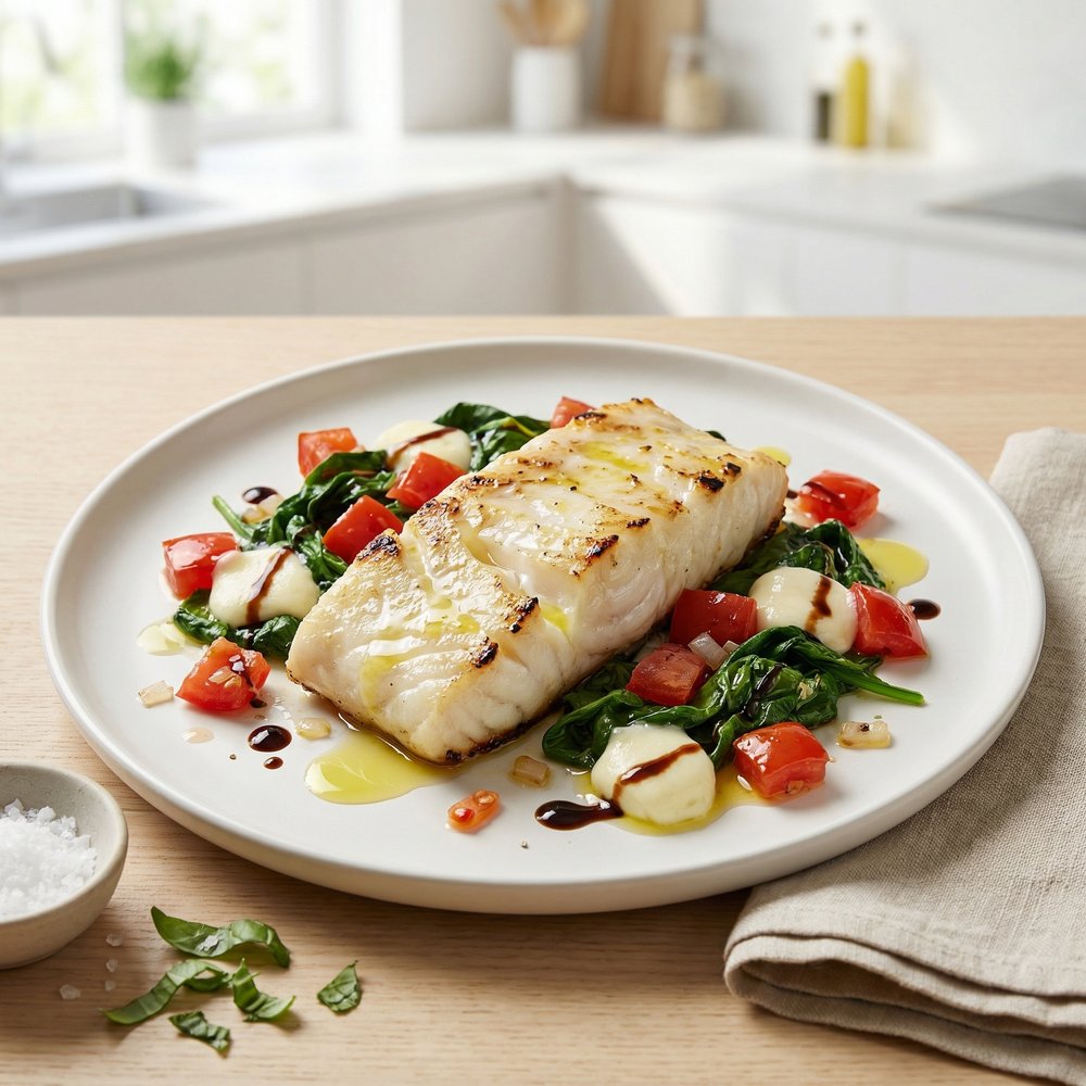 Grilled Cod with Spinach and Tomatoes