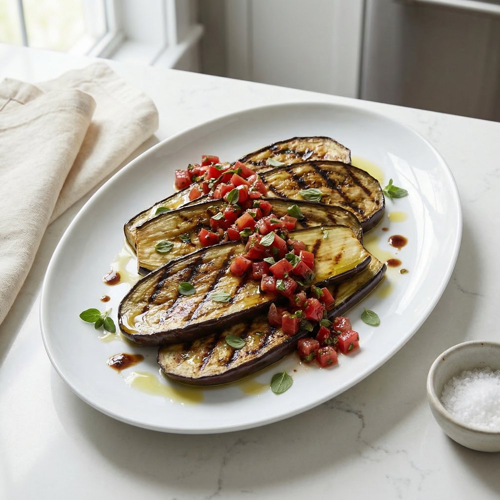 Charred Eggplant with Balsamic-Tomato Relish