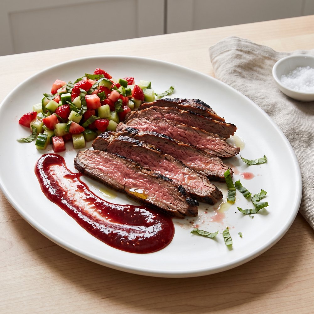 Grilled Flank Steak with Strawberry BBQ and Salsa