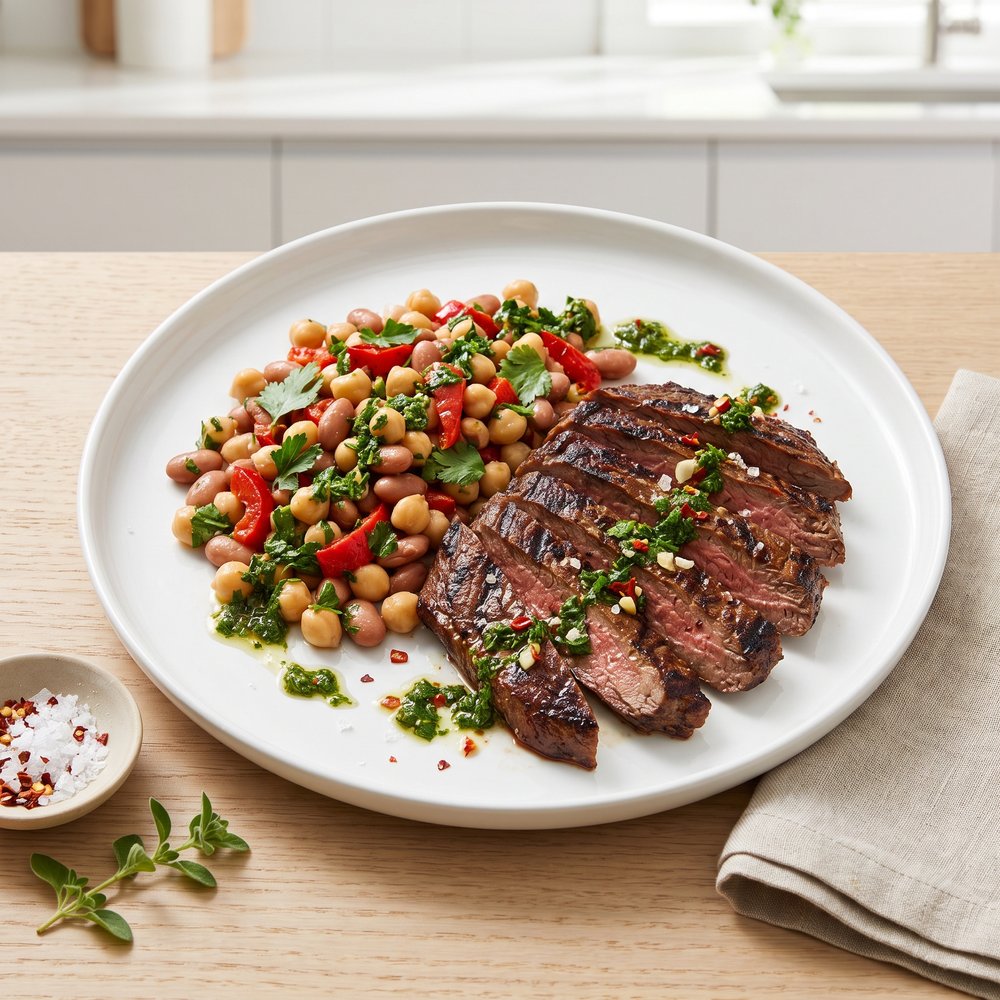 Grilled Flank Steak with Chimichurri Bean Salad