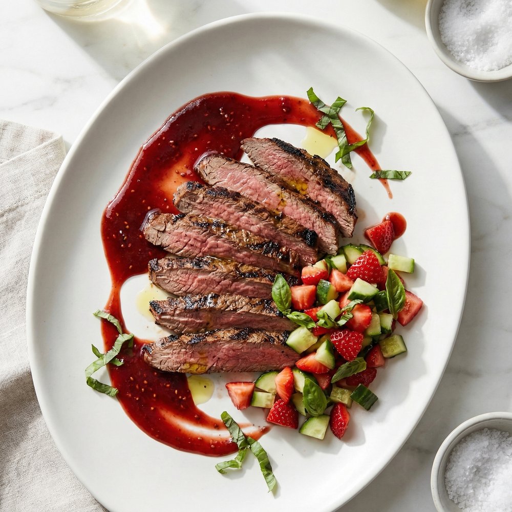 Grilled Flank Steak with Strawberry BBQ and Salsa