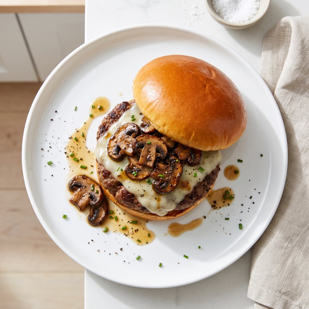 Grilled Mushroom Swiss Burger with Soy-Butter Mushrooms