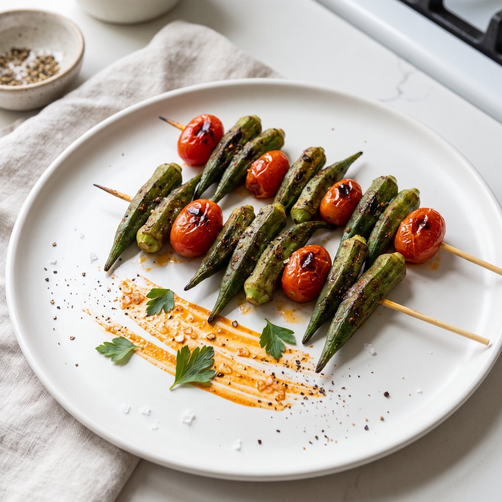 Grilled Okra and Grape Tomatoes