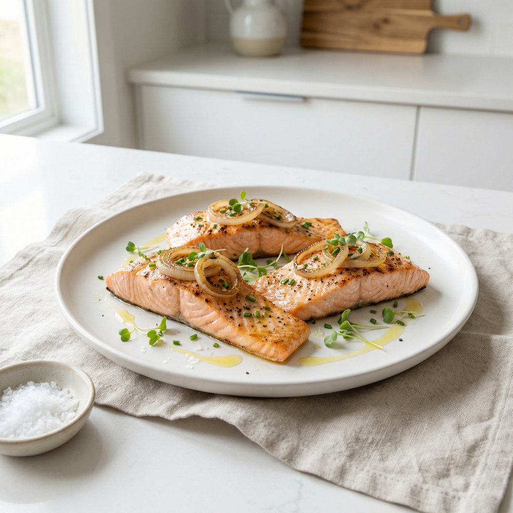 Peppery Salmon with Sweet Onion Rings
