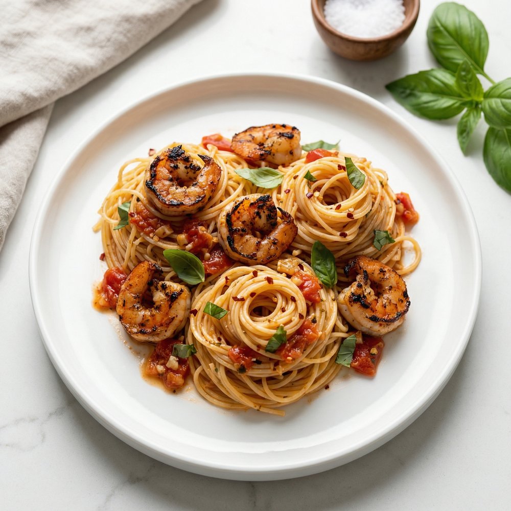 Grilled Shrimp with Bright Tomato Sauce over Angel Hair