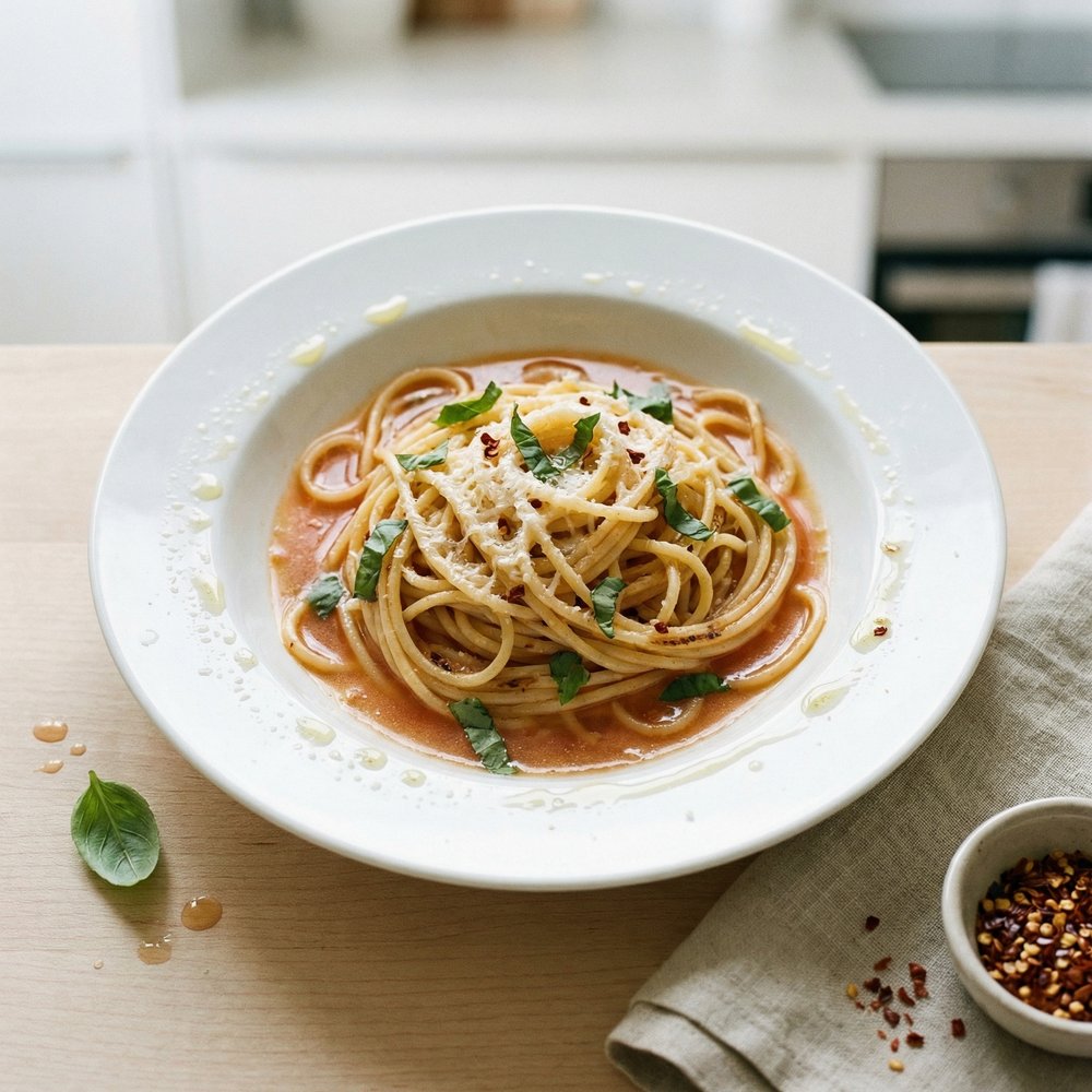 Charred Spaghetti with Garlic-Tomato Broth