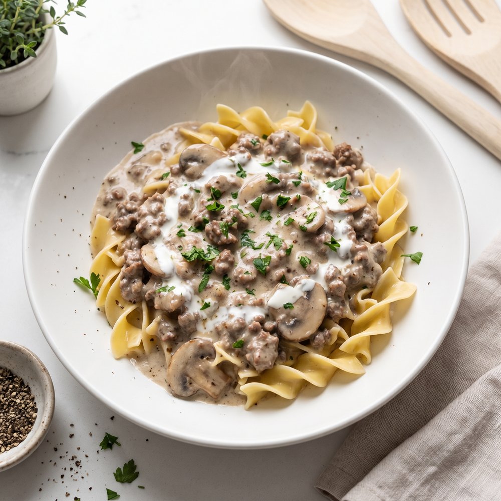 Ground Beef Stroganoff with Egg Noodles