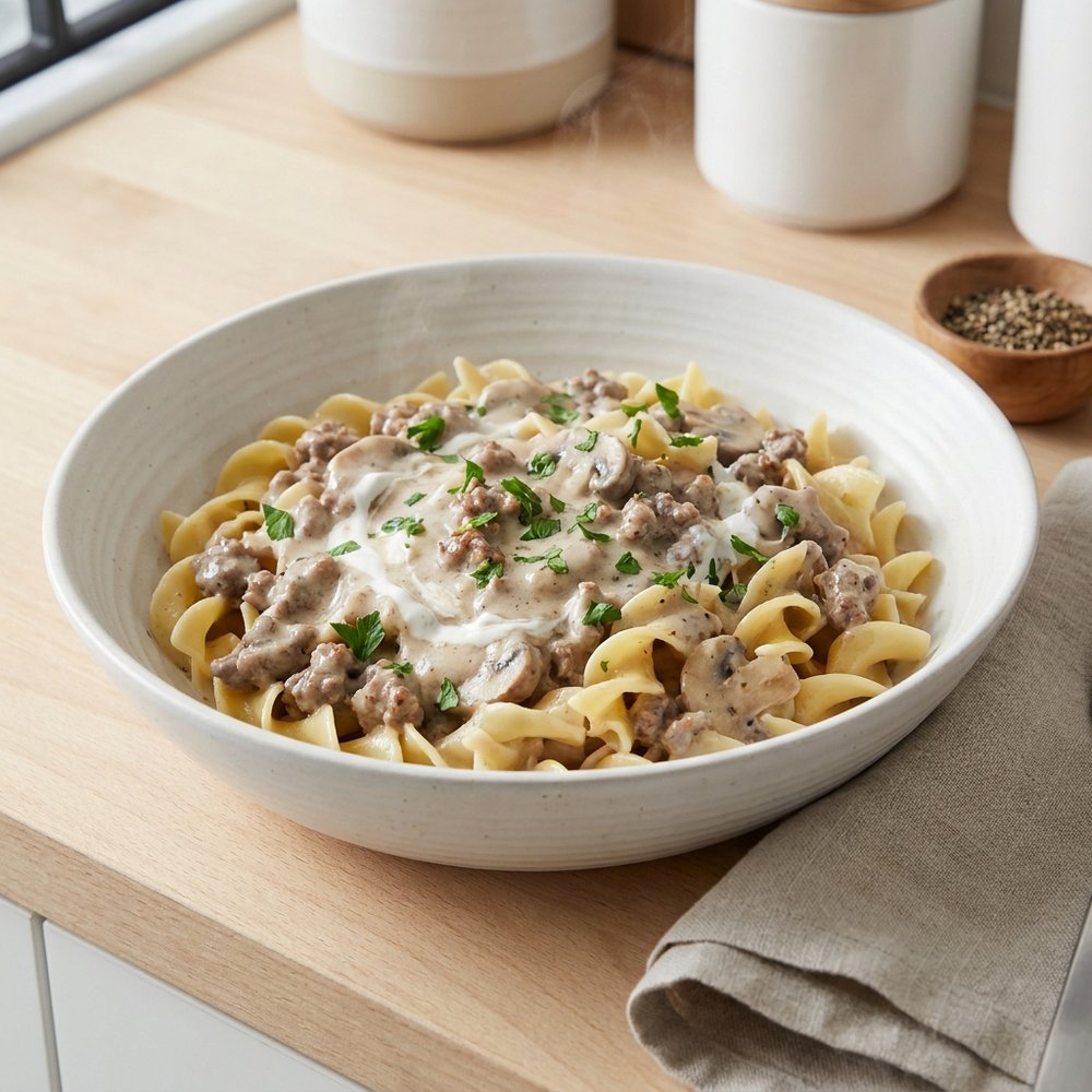 Ground Beef Stroganoff with Egg Noodles