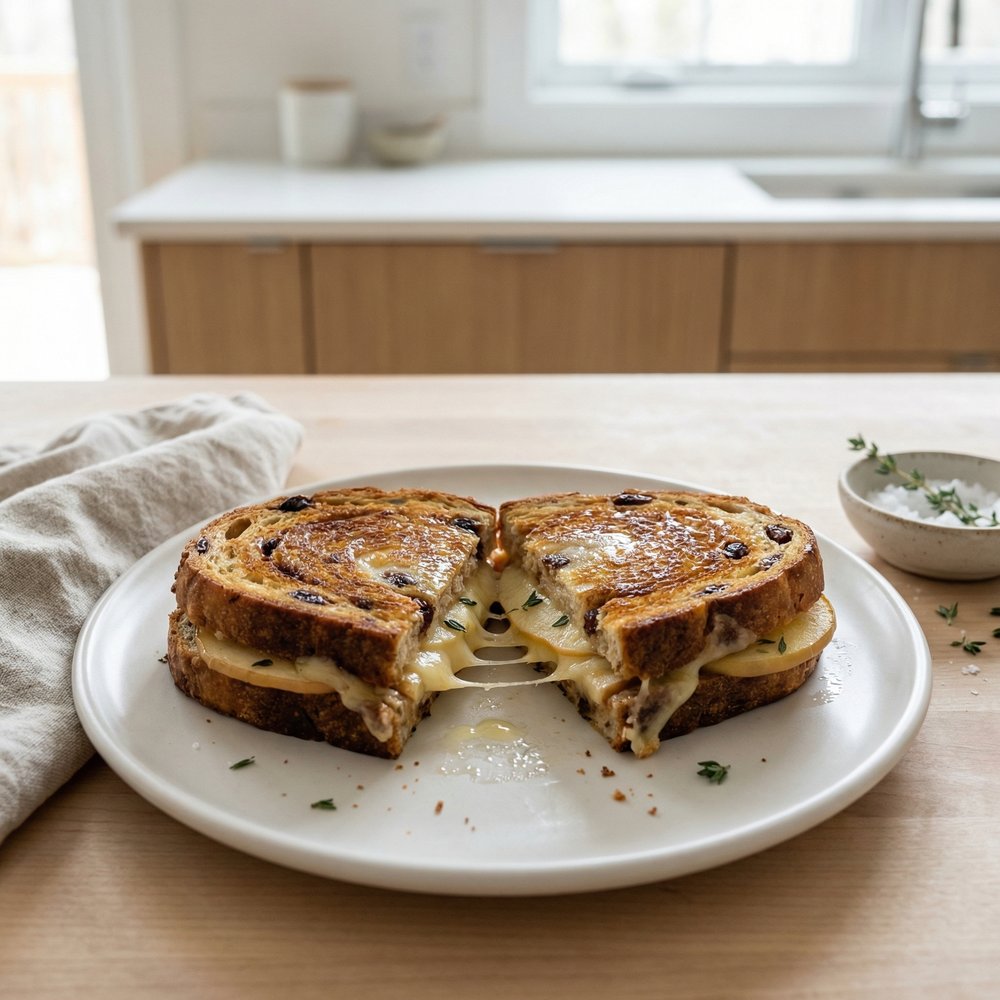 Apple and Thyme Gruyère Grilled Cheese on Cinnamon-Raisin Bread