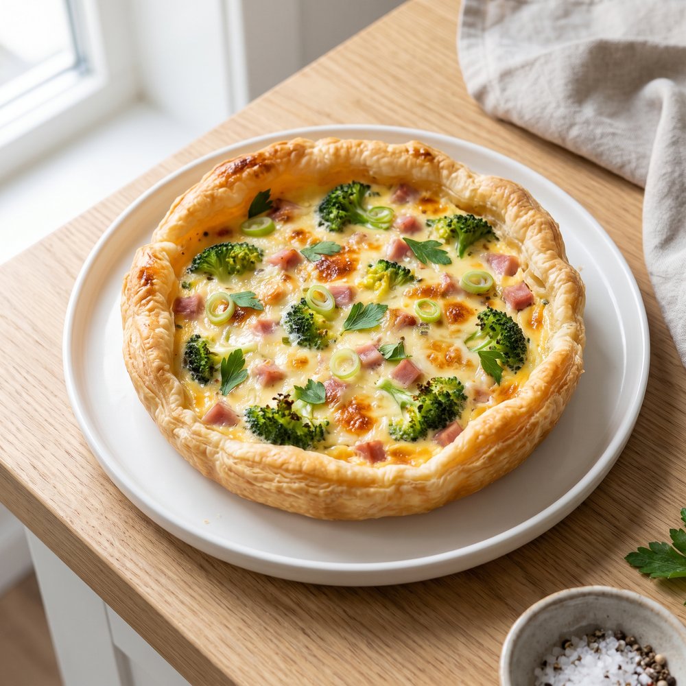 Ham and Broccoli Quiche with Puff Pastry Crust