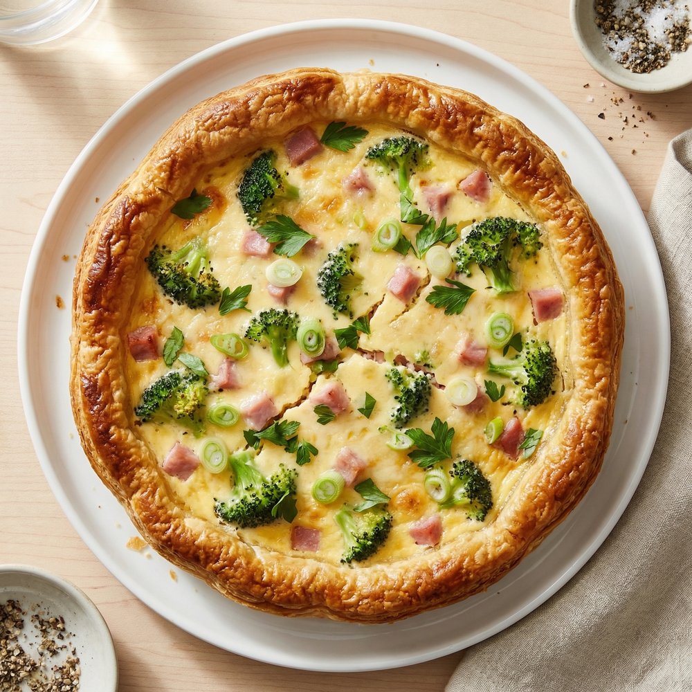 Ham and Broccoli Quiche with Puff Pastry Crust