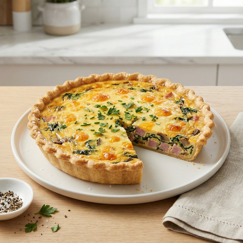 Cheddar, Ham, and Swiss Quiche