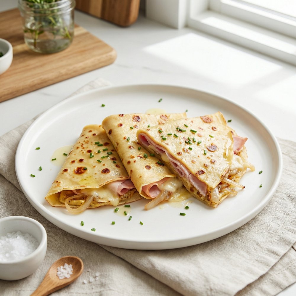 Ham and Gruyère Crêpes with Dijon and Onions