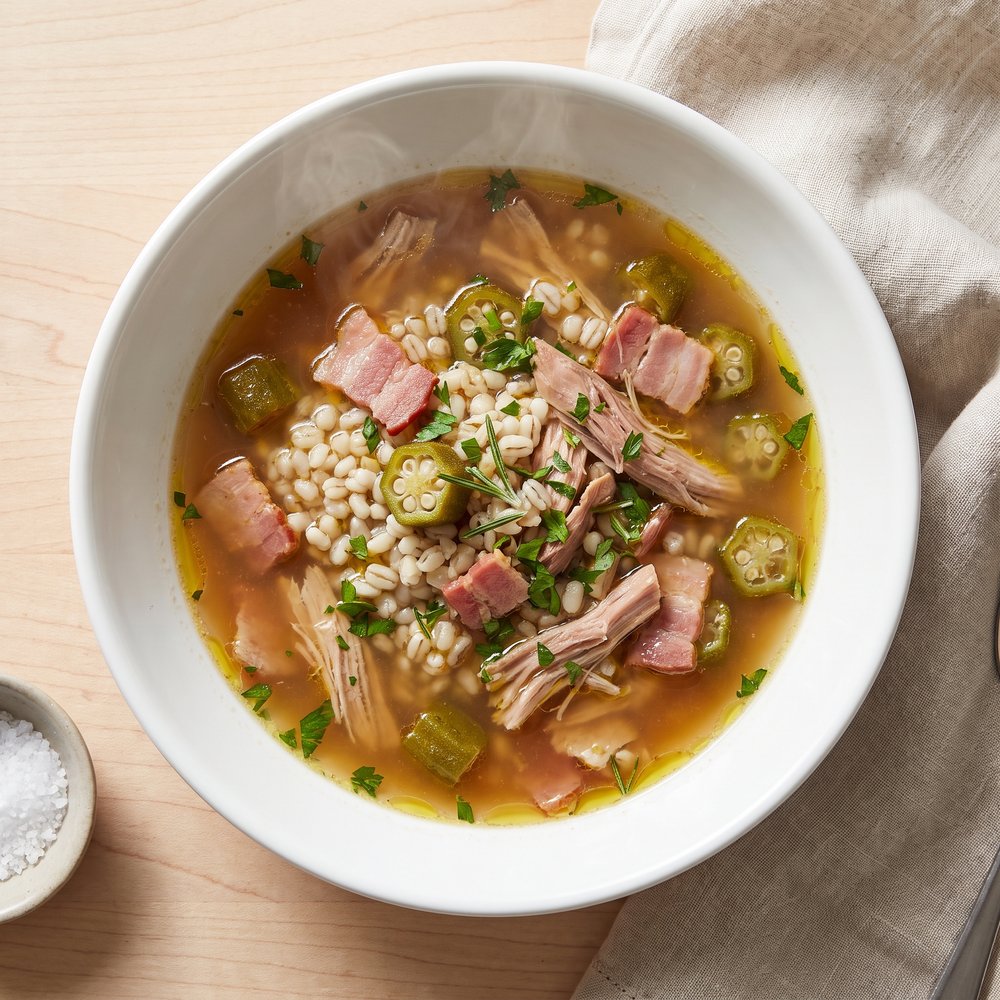 Hearty Turkey, Okra, and Barley Soup with Bacon