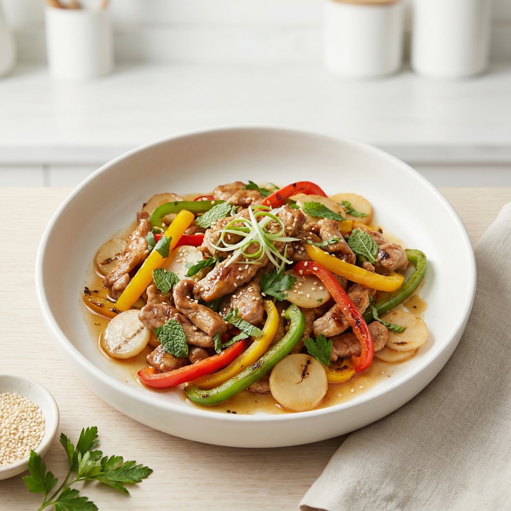 Herb-Ginger Pork Stir-Fry with Bell Peppers and Water Chestnuts