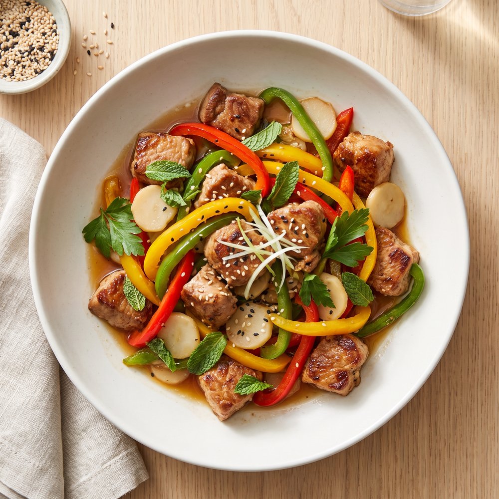 Herb-Ginger Pork Stir-Fry with Bell Peppers and Water Chestnuts