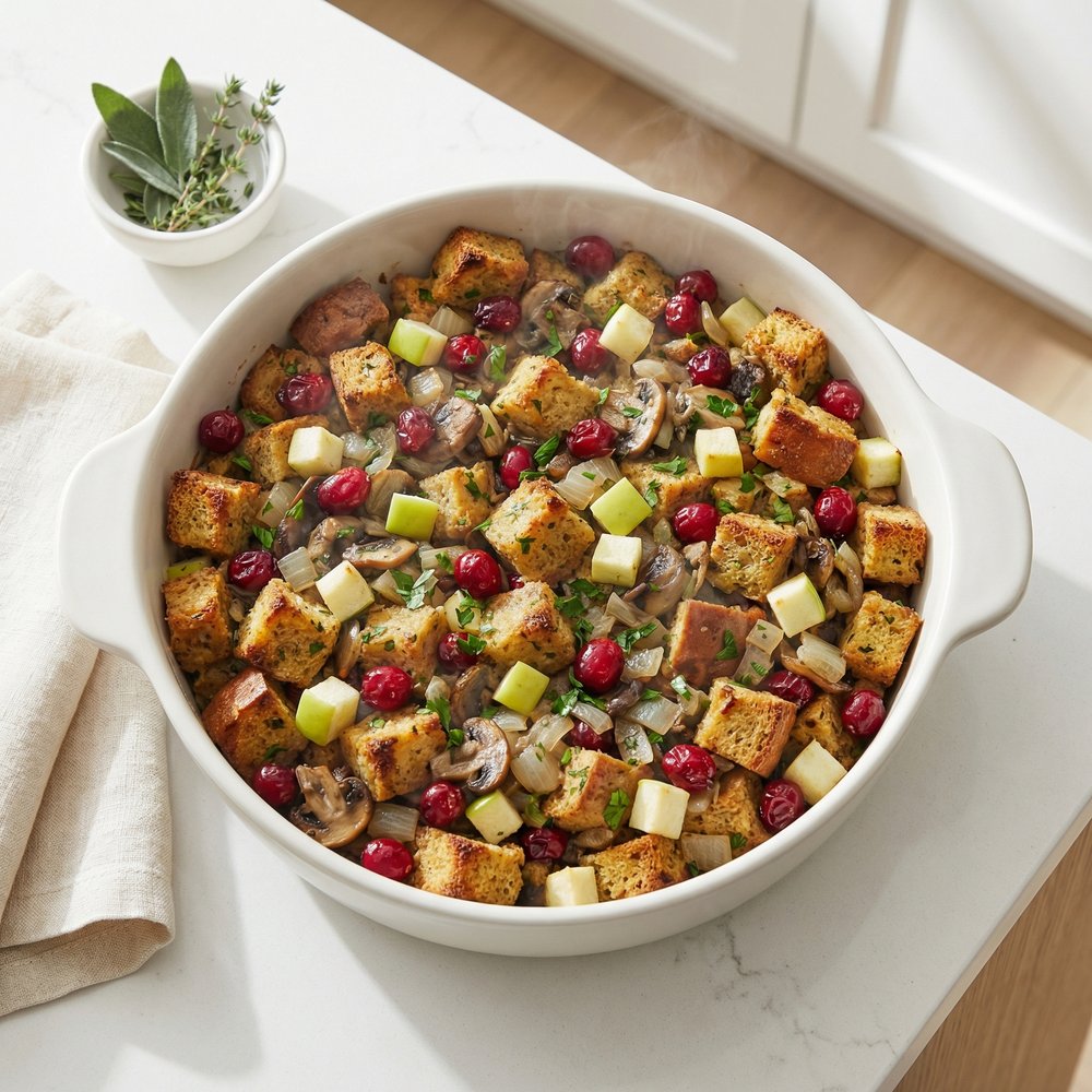 Plant-Based Holiday Stuffing with Mushrooms, Cranberries, and Herbs