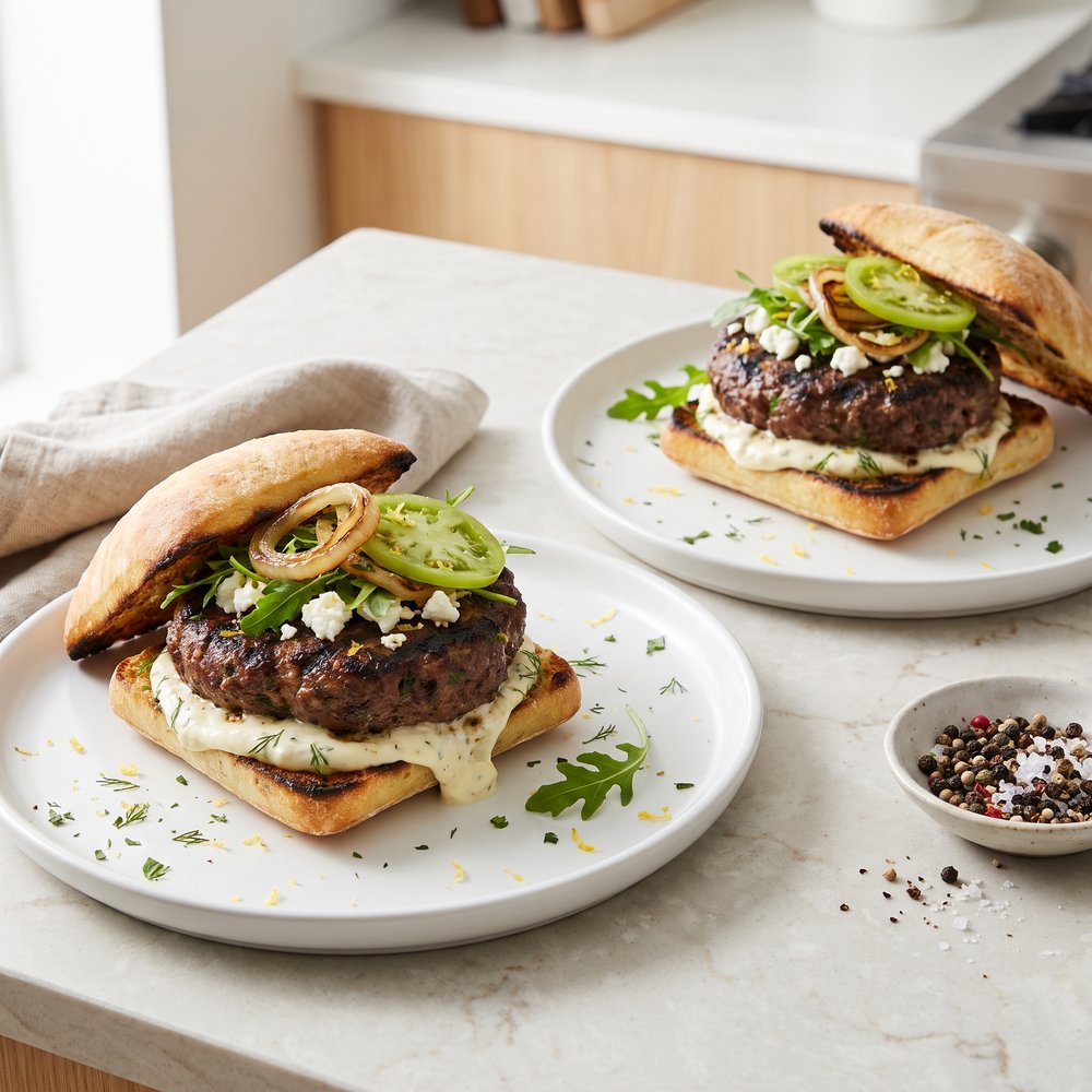 Herbed Lamb-Beef Burgers with Lemon Yogurt and Feta