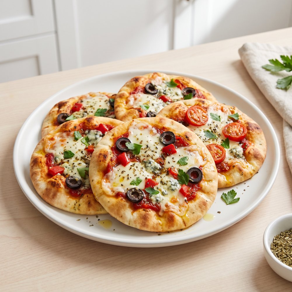 Herbed Pita Pizzas with Mozzarella and Blue Cheese