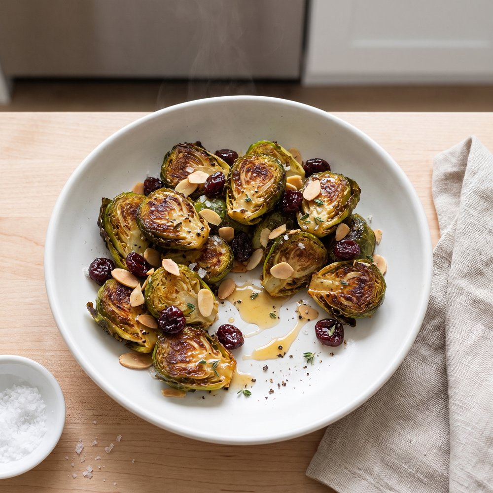 Honey Dijon Pan-Seared Brussels Sprouts with Almonds and Dried Cherries