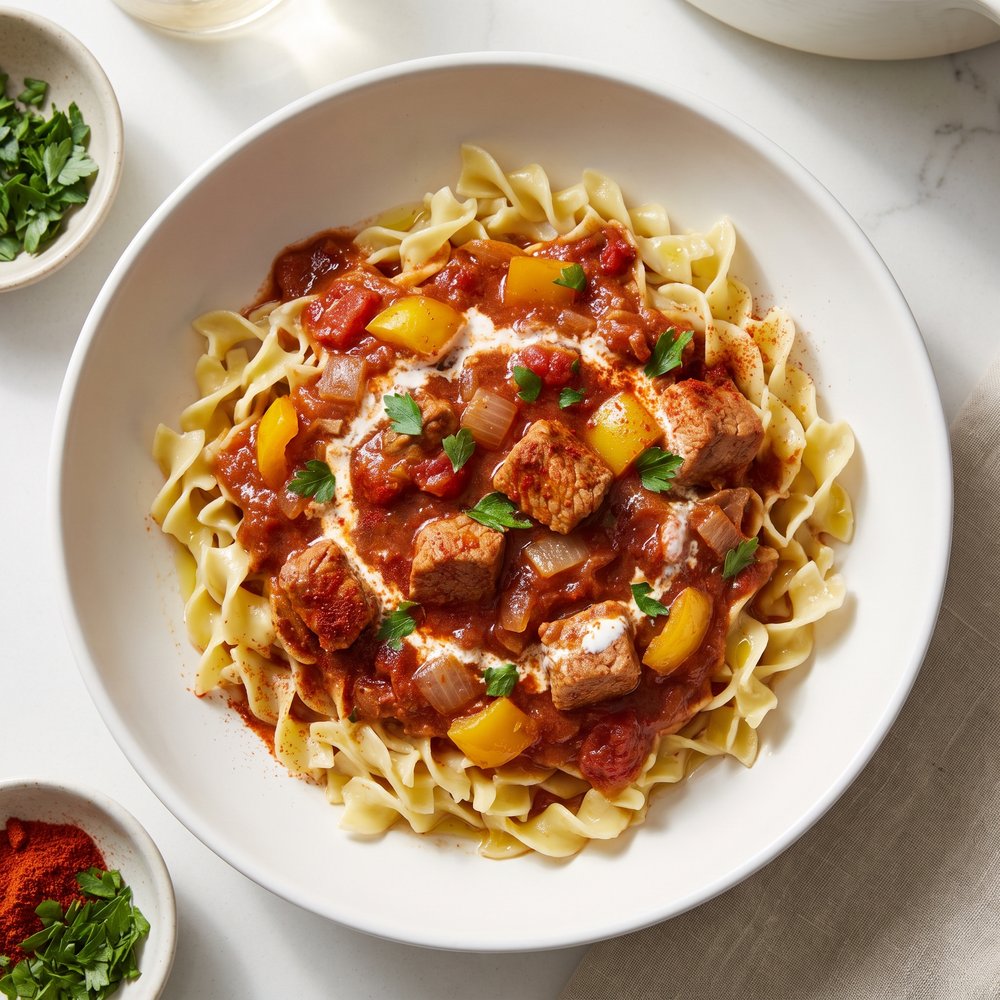 Hungarian Pork Pörkölt Stew with Noodles