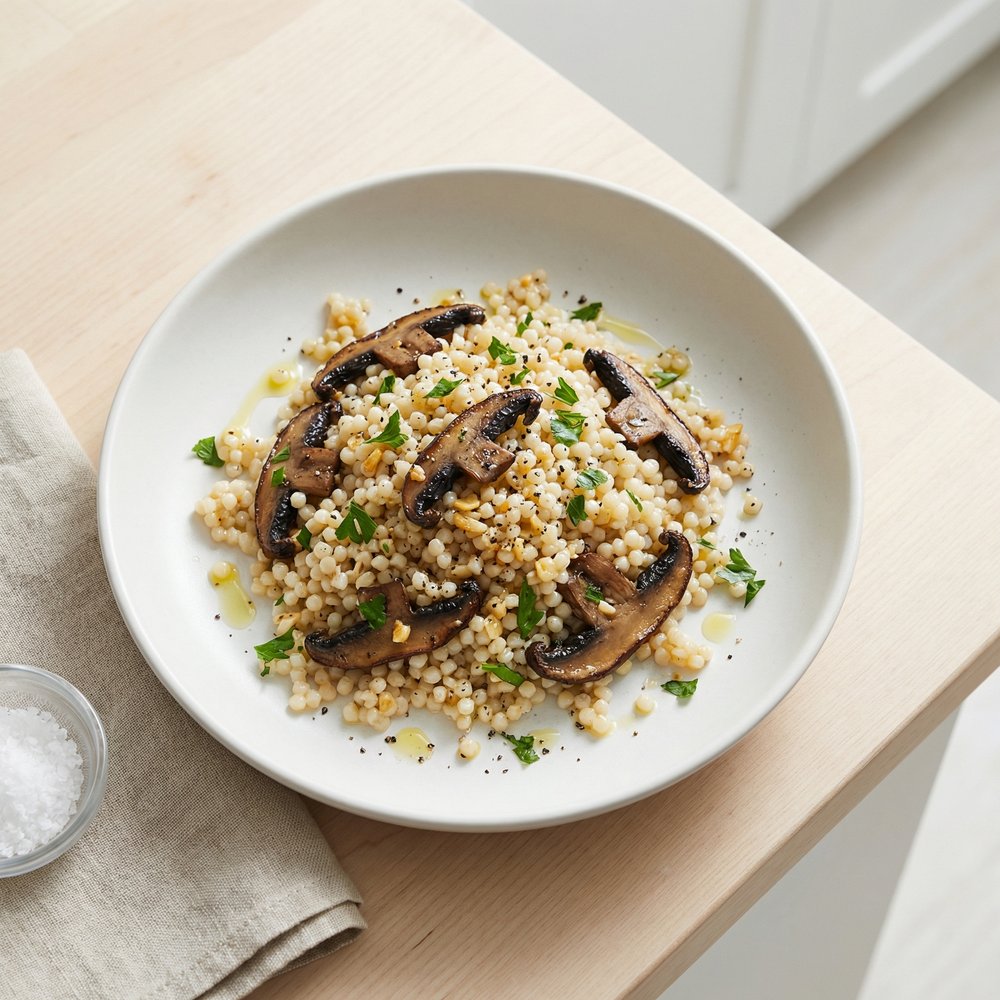 Pressure Cooker Garlicky Mushroom Pearl Couscous