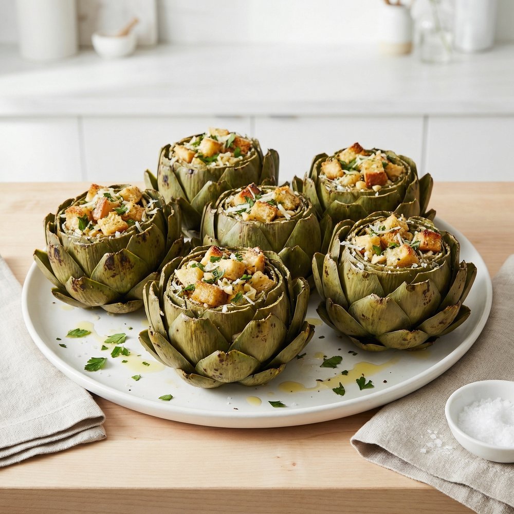 Bread-Stuffed Artichokes with Romano and Herbs