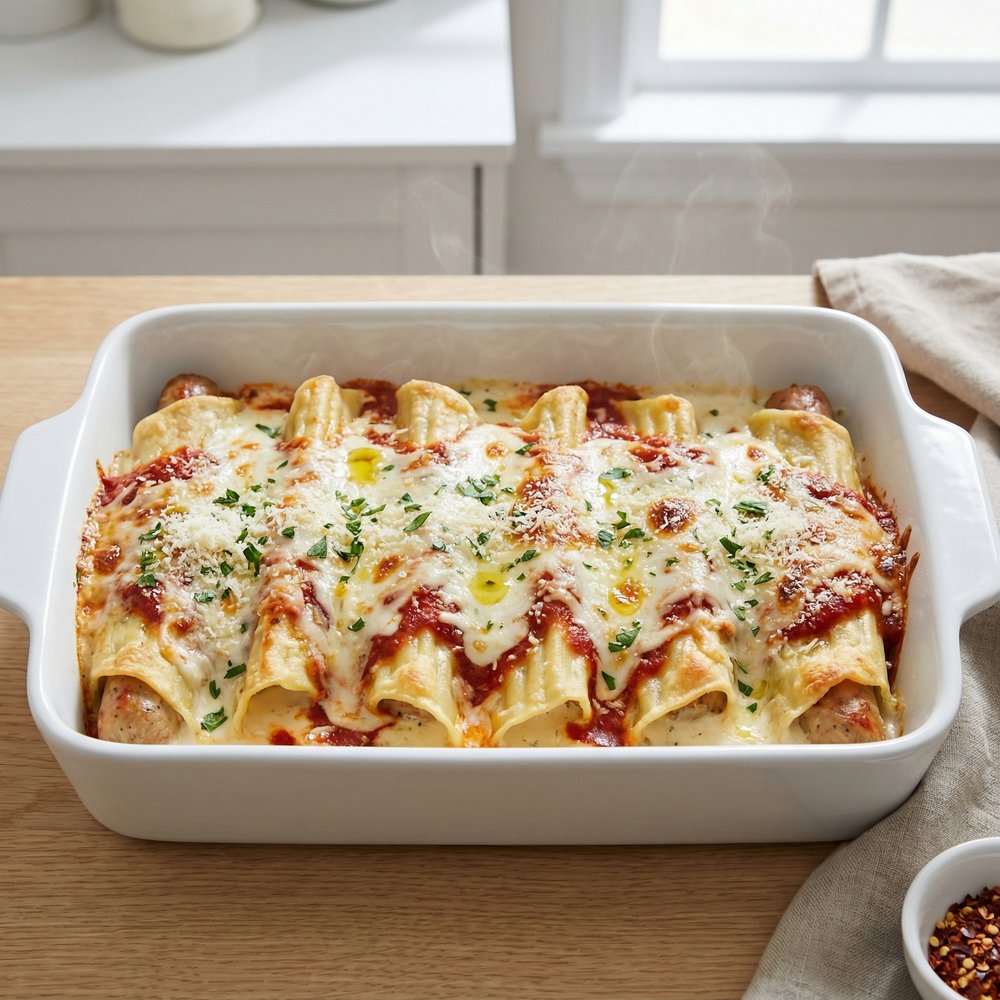 Weeknight Sausage Manicotti Casserole