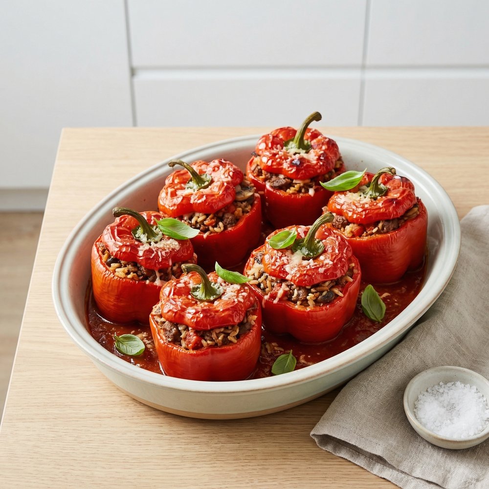 Beef and Rice–Filled Red Bell Peppers