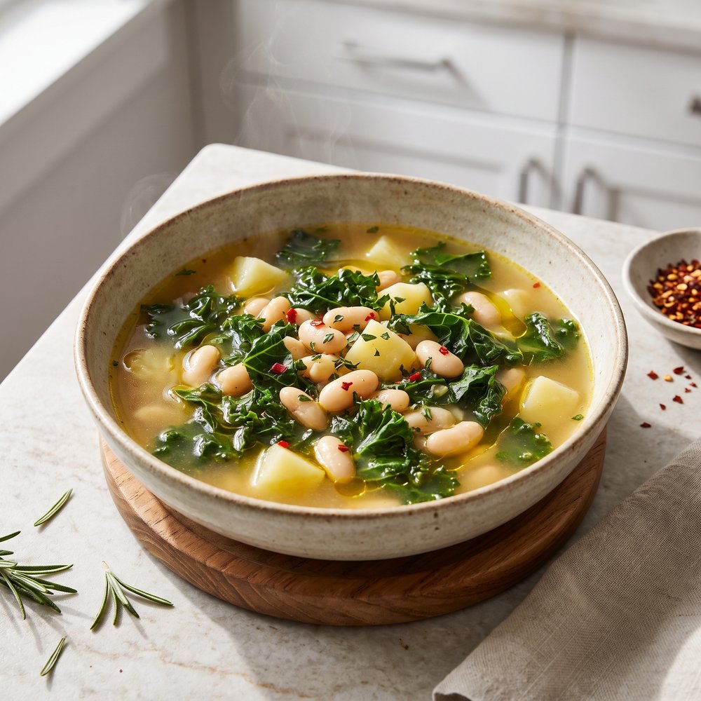 Kale, Cannellini Bean and Potato Soup with Herbs