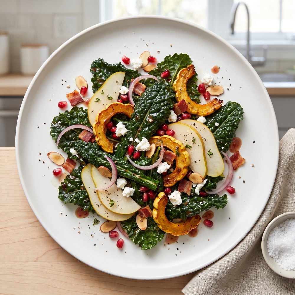 Kale Salad with Roasted Delicata Squash and Pomegranate Dressing