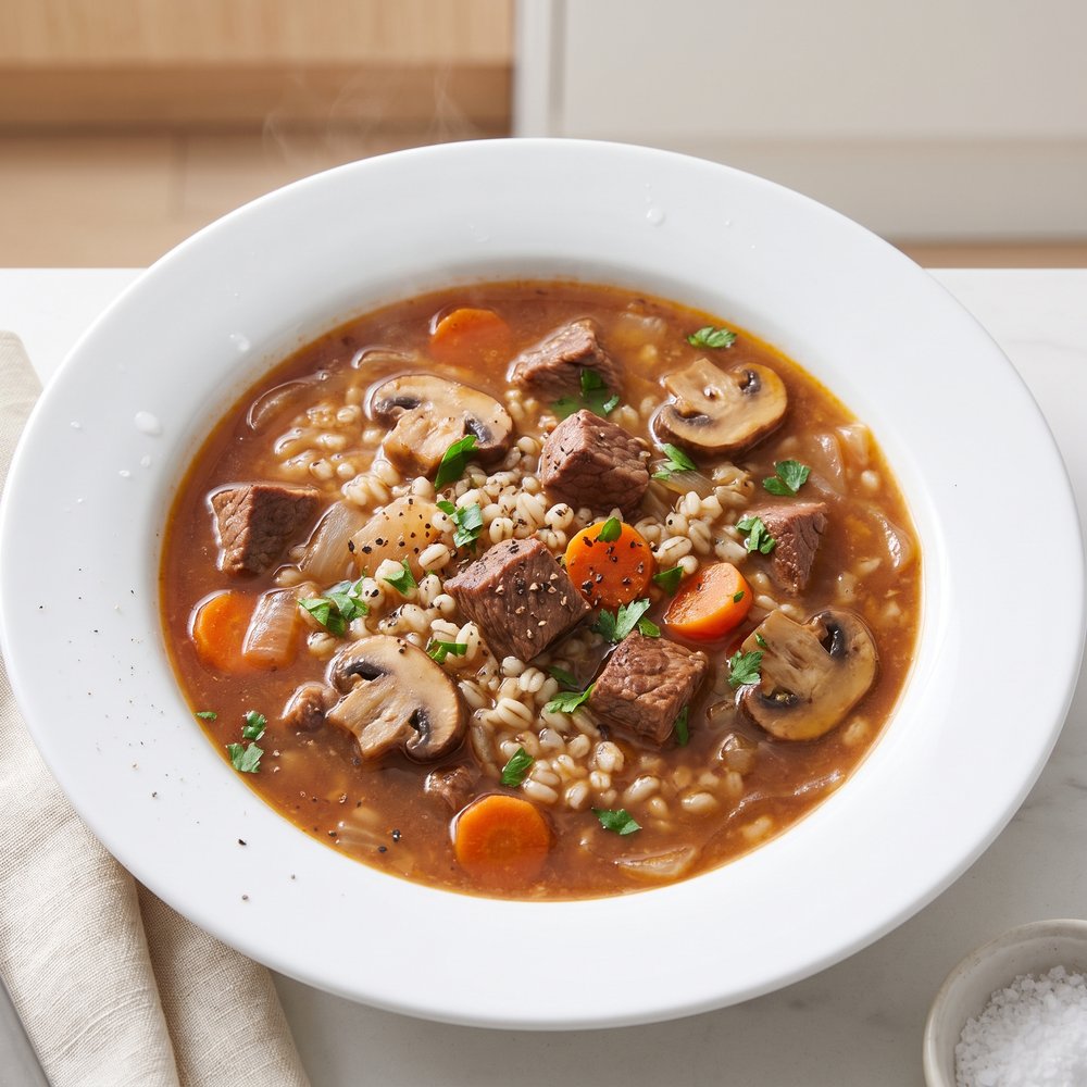 Kelly's Crockpot Beef, Barley & Mushroom Soup