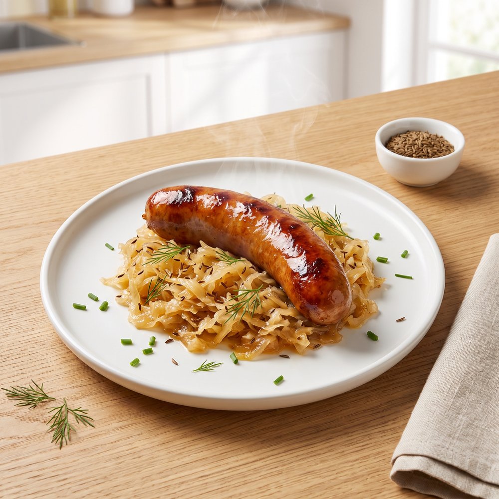 Lager-Glazed Bratwursts with Sauerkraut