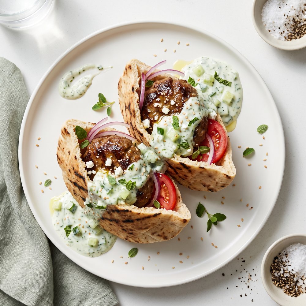Lamb and Feta Pita Burgers with Cool Cucumber Sauce